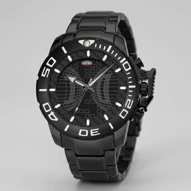 A black analog watch with a matching black metal link bracelet, featuring a textured dial with a crescent moon and grid pattern, white Arabic numerals on the bezel, and a small red and white logo on the dial.