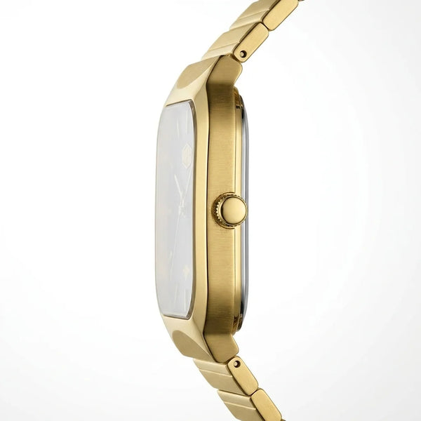 A close-up side profile of a gold-tone smartwatch with a rectangular face and matching metal link band, shown against a clean white background.