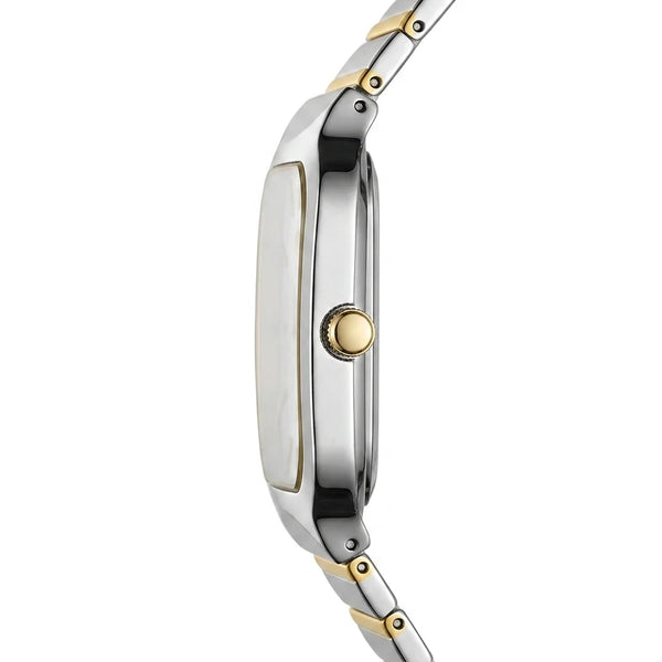A close-up side profile of a two-tone stainless steel and gold watch with a rectangular silver dial and a gold crown, set against a plain white background.