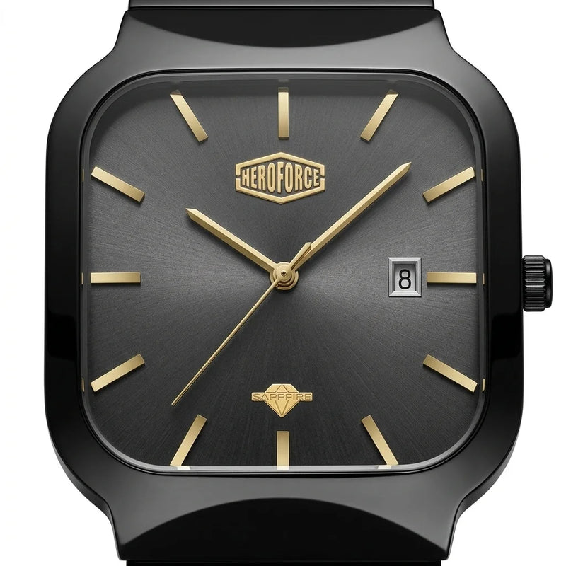 A close-up studio shot of a HEROFORCE wristwatch with a matte black case, a dark gray textured dial, and gold-tone hands, indices, and logo details.