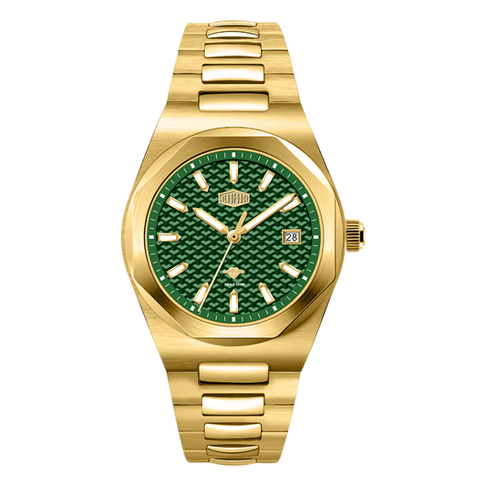 A gold-tone stainless steel watch with a textured green dial and a matching green and gold link bracelet, shown against a plain white background.