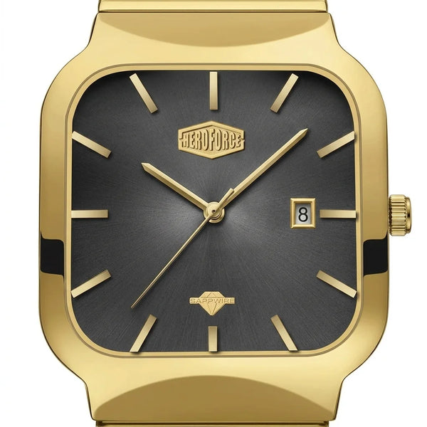 A gold-tone wristwatch with a square bezel, gold hands and indices, and a dark gray sunburst dial. The brand name 'HEROFORCE' is visible on the dial, and a date window is present at the 3 o'clock position.