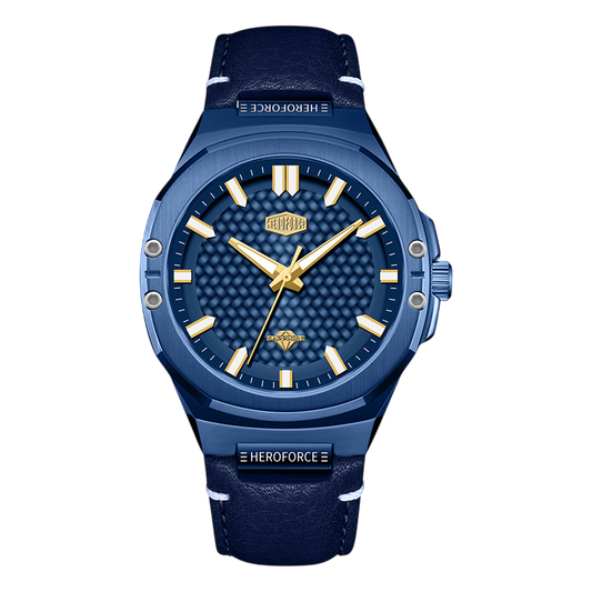 A men's Heroforce watch featuring a dark blue textured dial, a matching blue bezel, gold-tone hands and hour markers, and a dark blue leather strap.