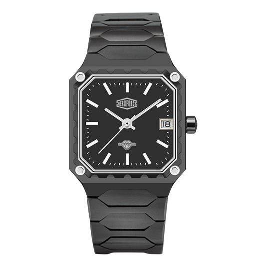 A men's analog watch with a black textured resin case and matching black textured strap, featuring a black dial with silver-tone indices and hands, a date window, and silver screw accents.