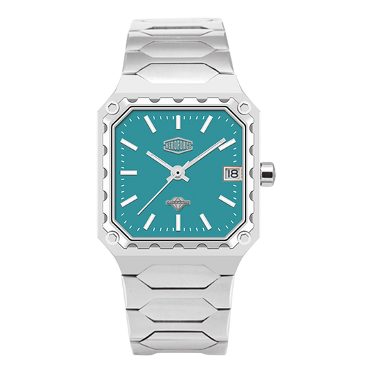 A men's analog watch with a silver-toned metal link bracelet and a square turquoise dial, shown against a plain white background.