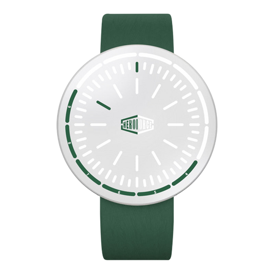 A minimalist analog watch with a white round dial, green hands and markings, and a dark green strap, shown against a plain white background.