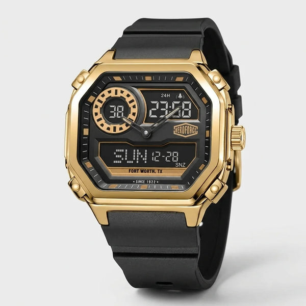 A rugged digital wristwatch with a gold-tone metal case, black strap, and black dial featuring multiple subdials and digital displays.