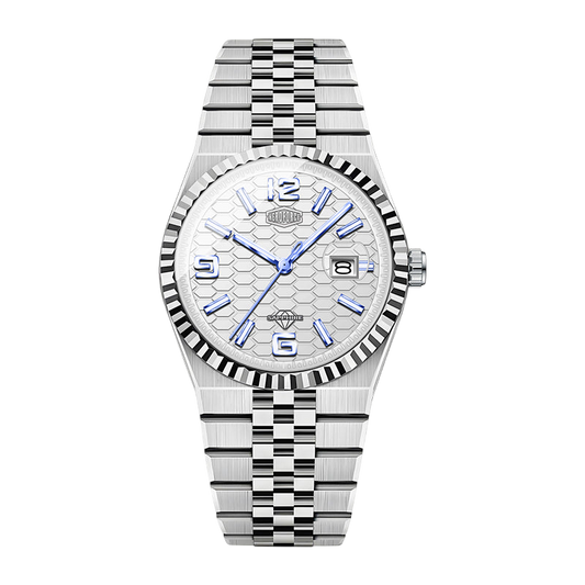 A silver-tone stainless steel watch with a fluted bezel, a textured white dial with blue hands and hour markers, and a matching steel link bracelet, shown against a plain white background.