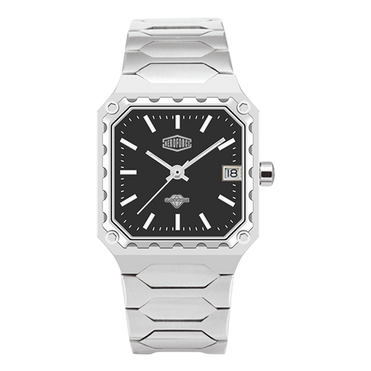 A silver-tone stainless steel wristwatch with a black dial, featuring a unique textured bezel, silver hour markers, and a date window at the 3 o'clock position.