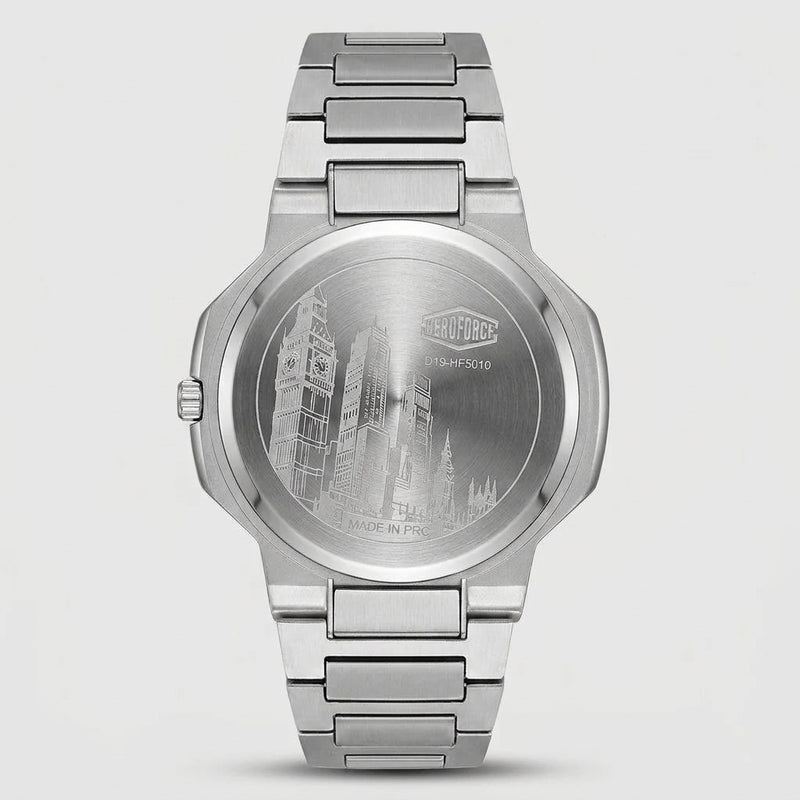 A stainless steel analog watch shown from the back, featuring an engraved London skyline design on the circular case back and a matching metal link bracelet, set against a light gray background.