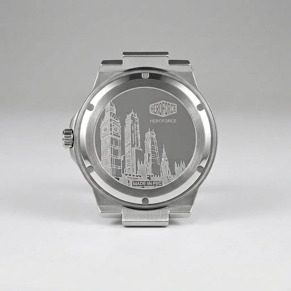 Back view - Silver wristwatch with octagonal rectangular case, metallic bracelet, gray textured dial, silver markers, and date window