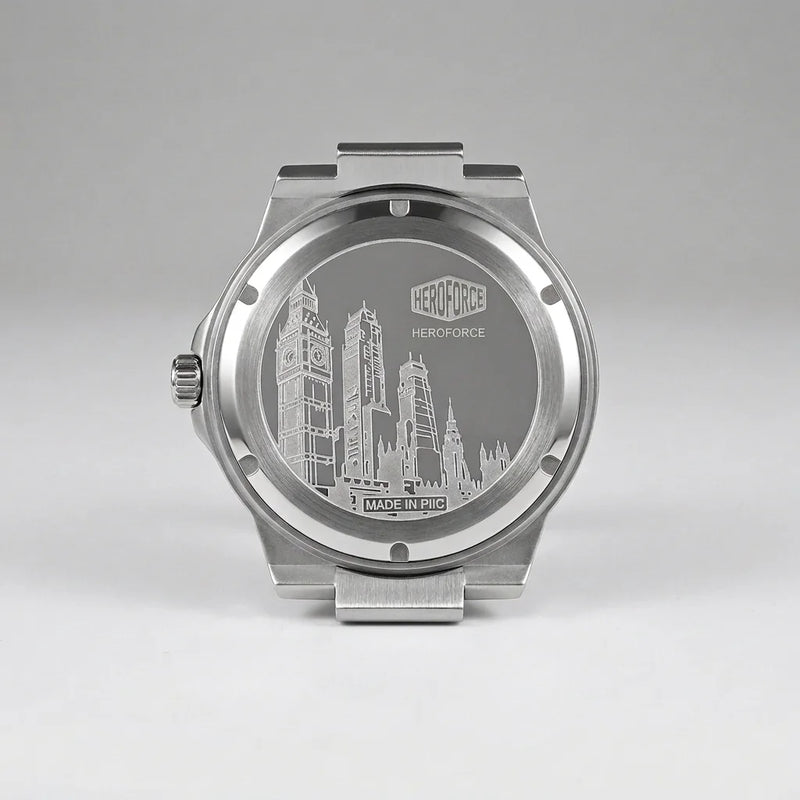 Back view - Silver wristwatch with octagonal rectangular case, metallic bracelet, gray textured dial, silver markers, and date window