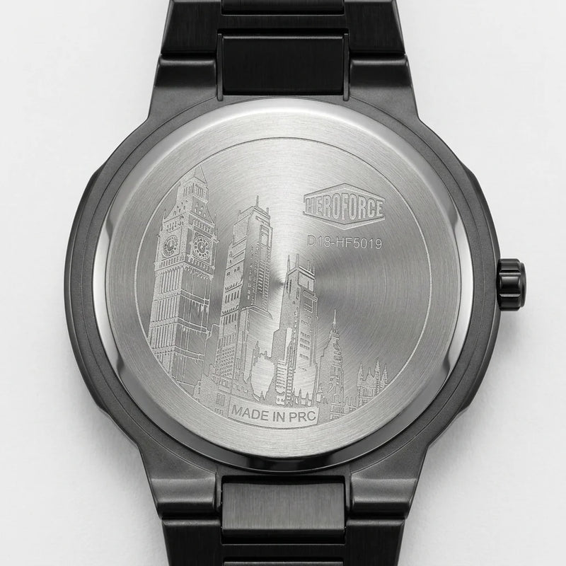 Back view of A men's analog watch with a black metal case and link bracelet, featuring a silver dial with a wavy pattern, silver hour markers