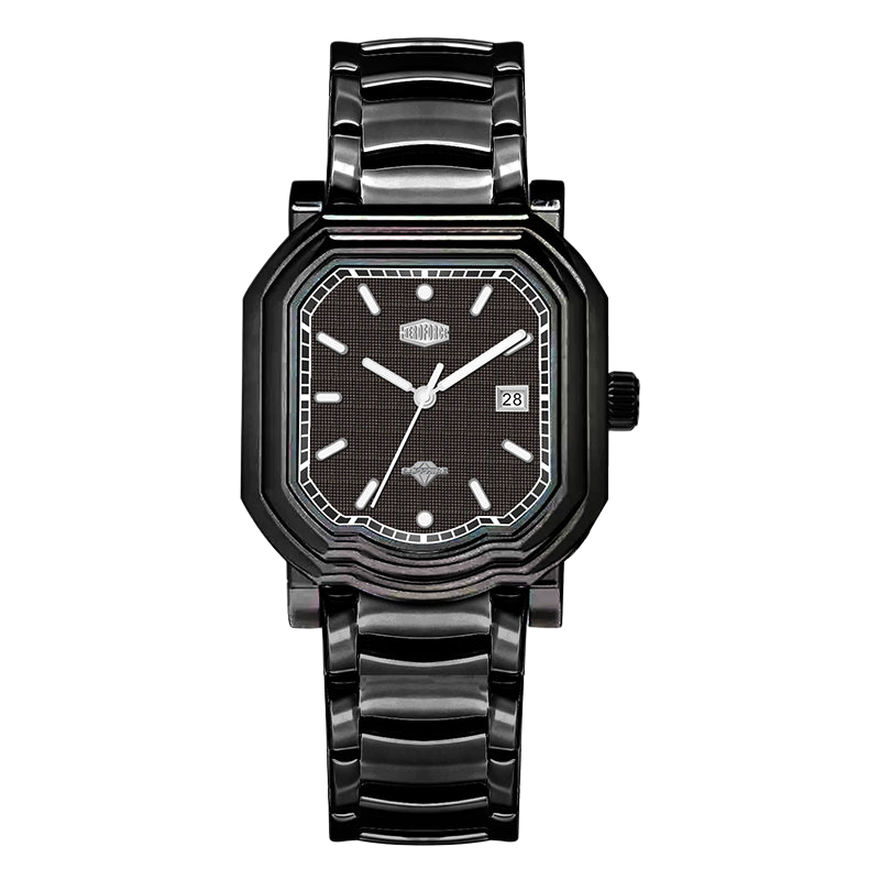Black stainless steel wristwatch with a black textured dial and date display.