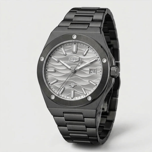 Black stainless steel wristwatch with a silver wave patterned dial and date display.
