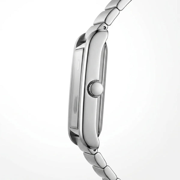 Close-up side profile of a silver stainless steel watch with a matching metal link band, featuring a polished bezel and crown, set against a clean white background.