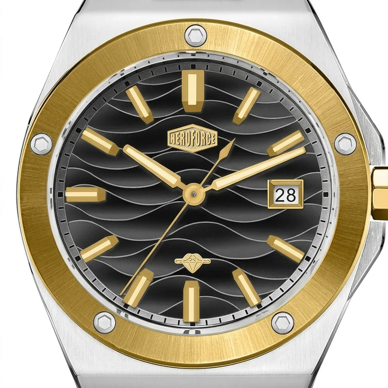 A close-up of a Deoforce men's watch featuring a silver stainless steel case, a brushed gold-tone bezel, and a black wave-patterned dial with gold-tone hands, indices, and a date window.