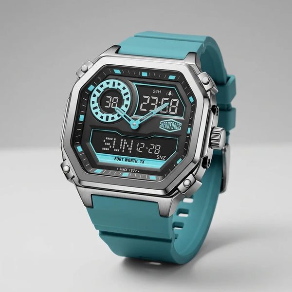 Full frontal view of Rectangular wristwatch with metallic case, turquoise strap, and geometric analog-digital face with turquoise accents.