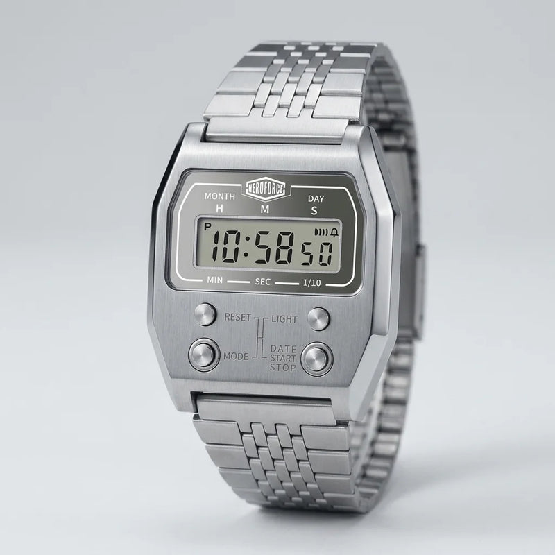 Full frontal view of Silver digital wristwatch with rectangular face and segmented band, display showing brand “HEROFORCE,”