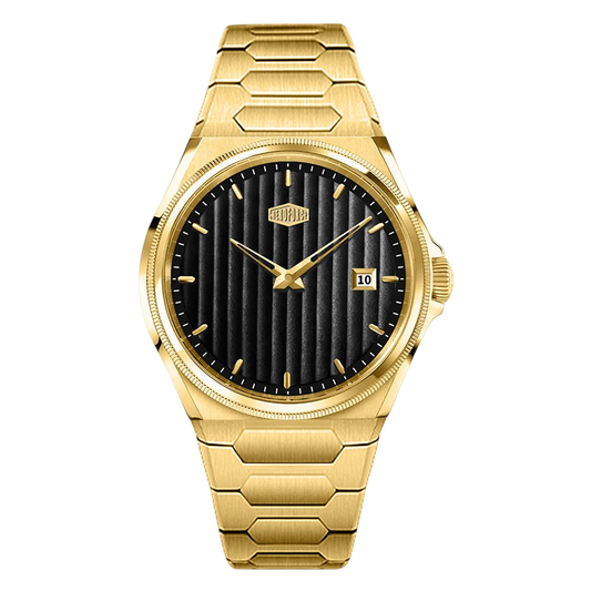 A men's gold-tone stainless steel watch with a textured black dial, gold-tone hour markers and hands, and a date window at 3 o'clock, shown on a solid white background.