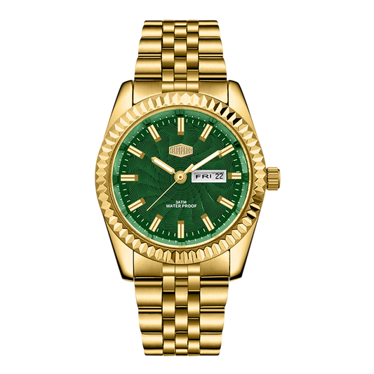 Gold watch with a green face on a white background