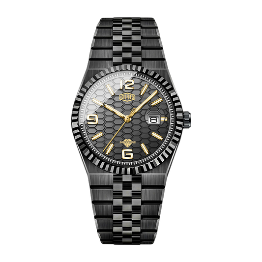 Heroforce 5036B Ocean Wave Arabic Dial Watch - black honeycomb dial, gold accents, front view
