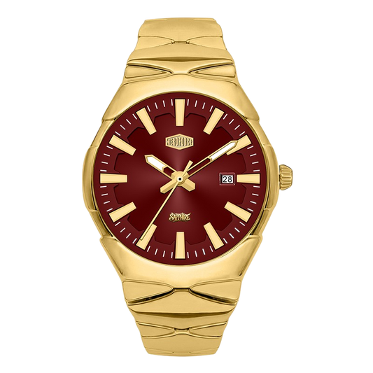 A gold-tone stainless steel watch with a deep burgundy red dial, gold-tone hour markers and hands, and a date window at 3 o'clock.