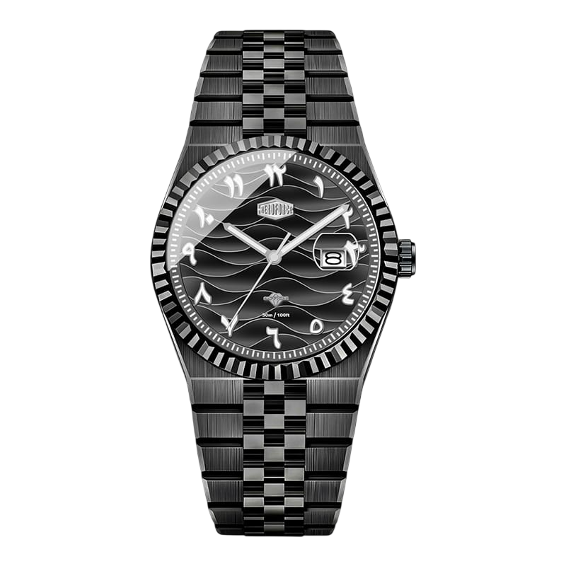 Heroforce wristwatch with a black and silver checkered metal bracelet, fluted bezel, and a wave-pattern dial.