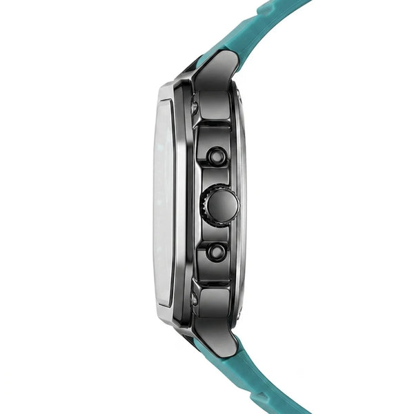 Side profile of Rectangular wristwatch with metallic case, turquoise strap, and geometric analog-digital face with turquoise accents.