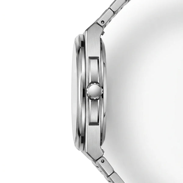 Side profile view of HEROFORCE silver wristwatch with metallic bracelet, deep red textured dial with geometric pattern, silver markers and hands, date window at 28, bold modern design.