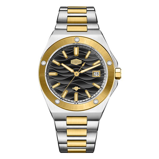 Silver stainless steel wristwatch with a black wave patterned dial, gold accents, and date display.
