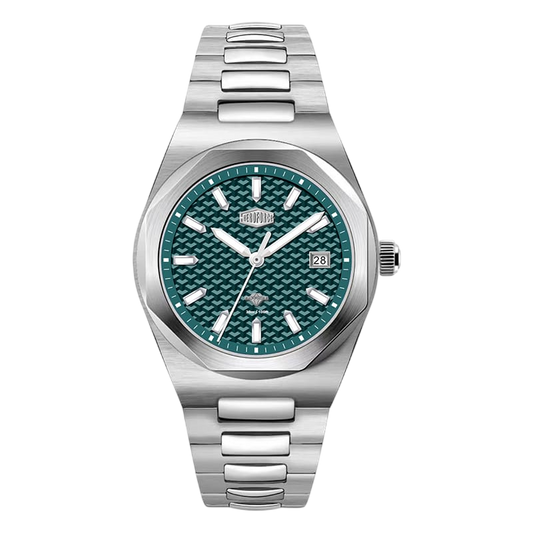 Silver watch with a green textured face on a white background