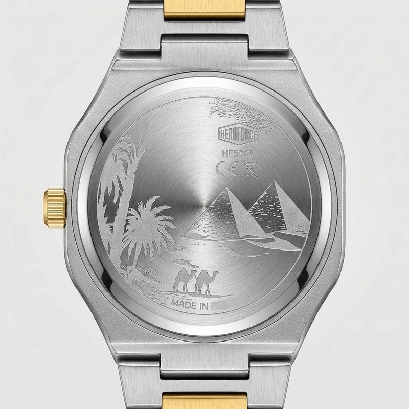 A two-tone stainless steel and gold wristwatch shown from the back, featuring an engraved silver