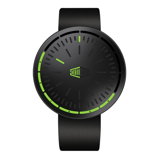 A black analog watch with a matte black strap and a circular black dial featuring bright neon green accents, including a green second hand, green hour markers, and a green brand logo in the center.