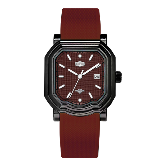 A men's analog watch with an angular black metal case, a textured dark red dial
