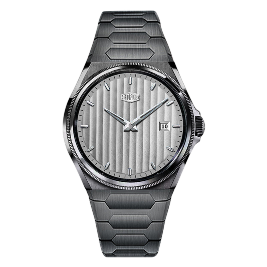 dark grey monochromatic, grey striped dial