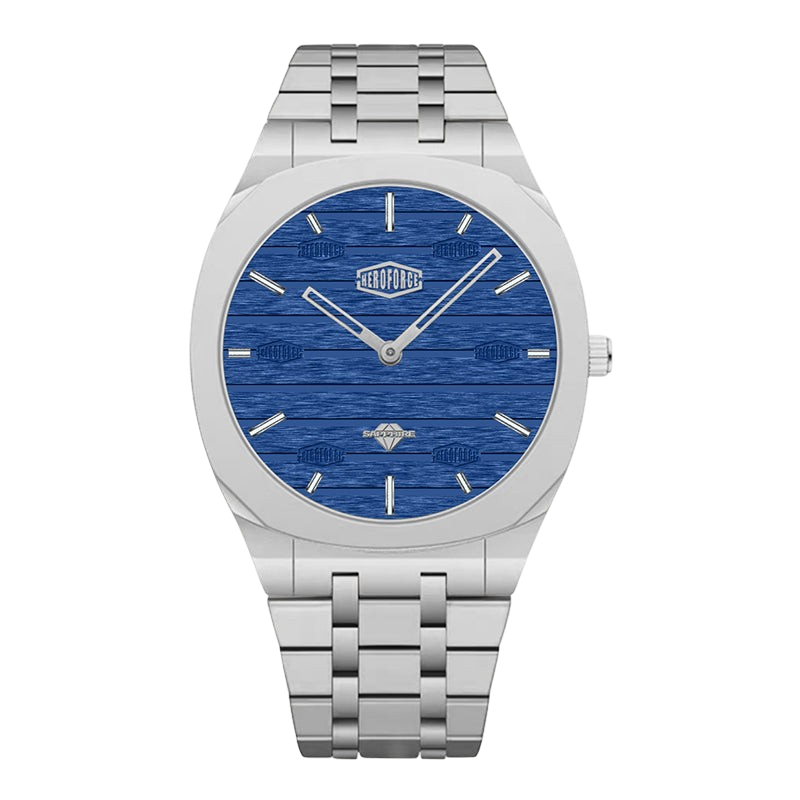 front blue wood dial watch