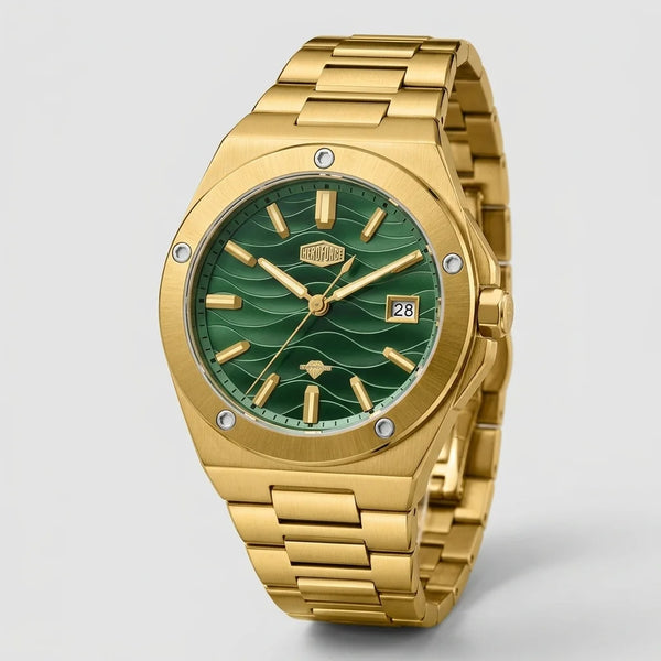 frontal luxury timepiece - Gold tone stainless steel wristwatch with a green wave patterned dial