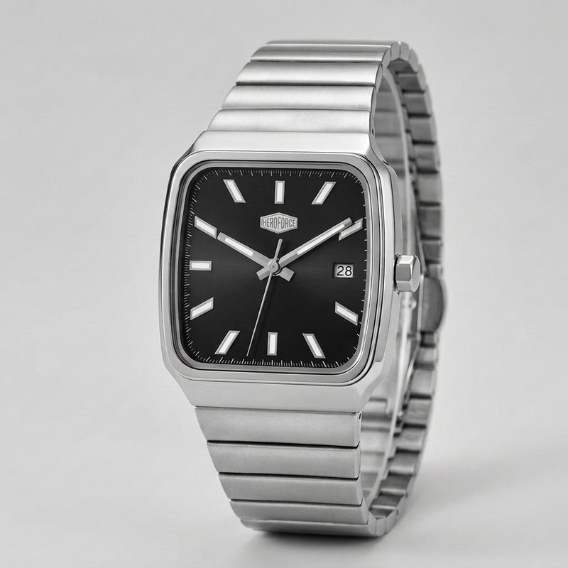 A silver-tone stainless steel wristwatch with a square black dial, silver-tone hour markers and hands