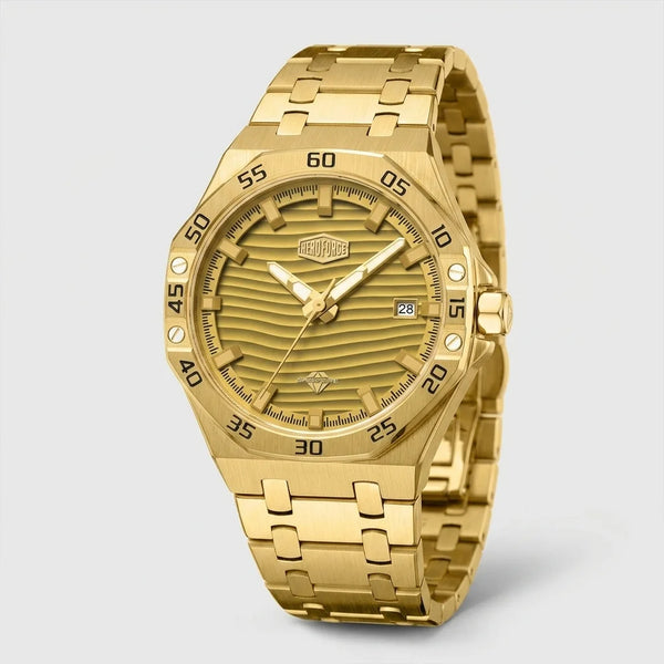 angled view gold watch