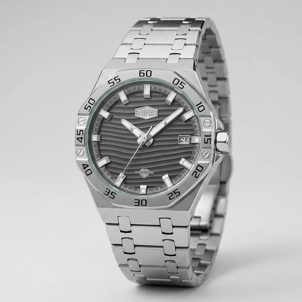 angled front view grey dial