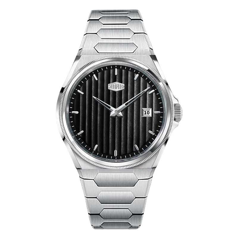 silver steel case, black striped dial
