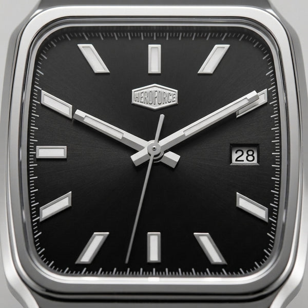 silver watch black dial Macro dial