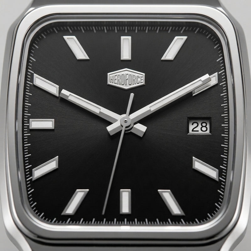 silver watch black dial Macro dial