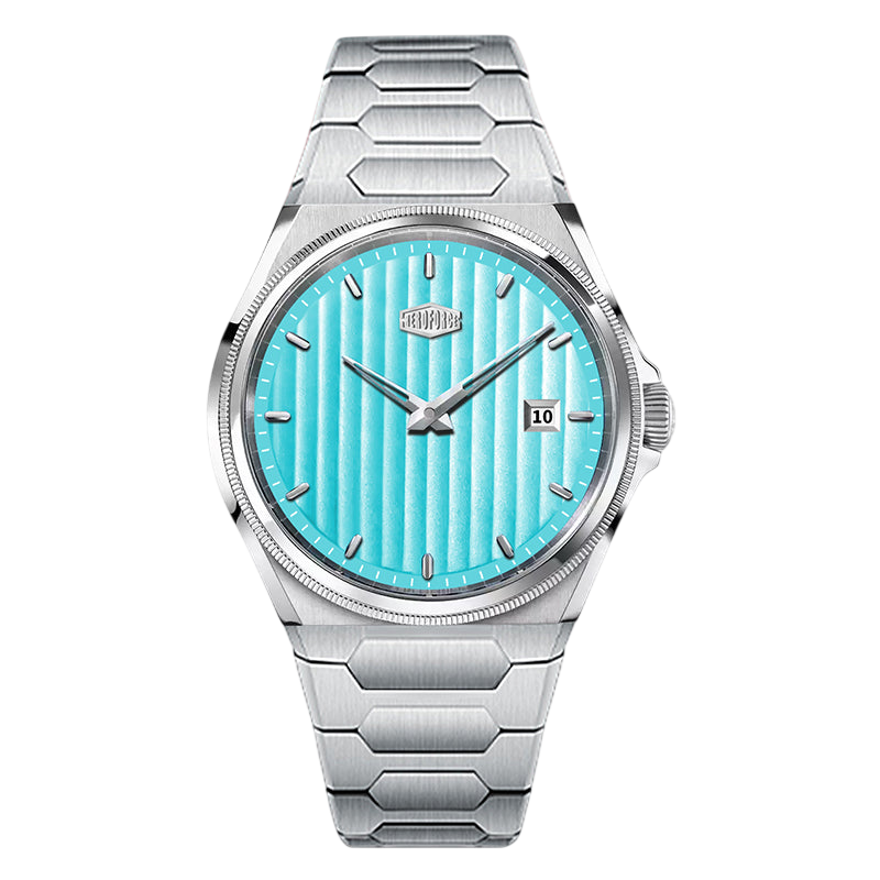turquoise striped dial, steel watch