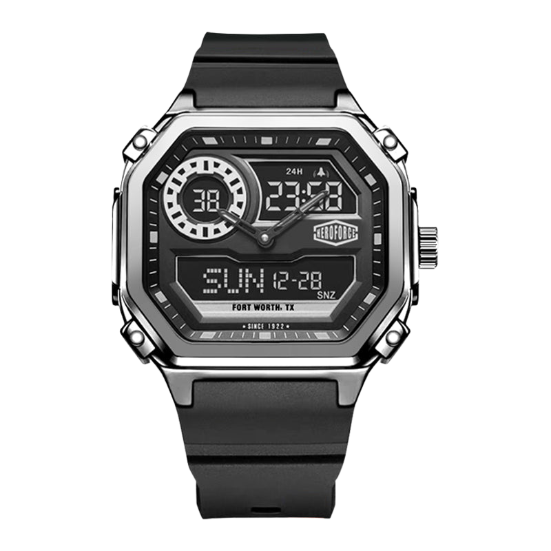 Black rectangular wristwatch with metallic casing and screws, hybrid analog-digital display 