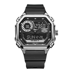 Black rectangular wristwatch with metallic casing and screws, hybrid analog-digital display 