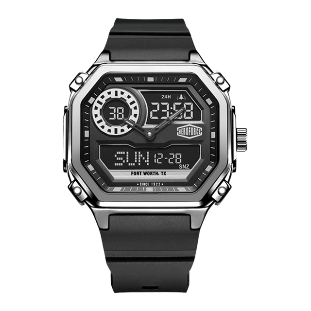 Black rectangular wristwatch with metallic casing and screws, hybrid analog-digital display 