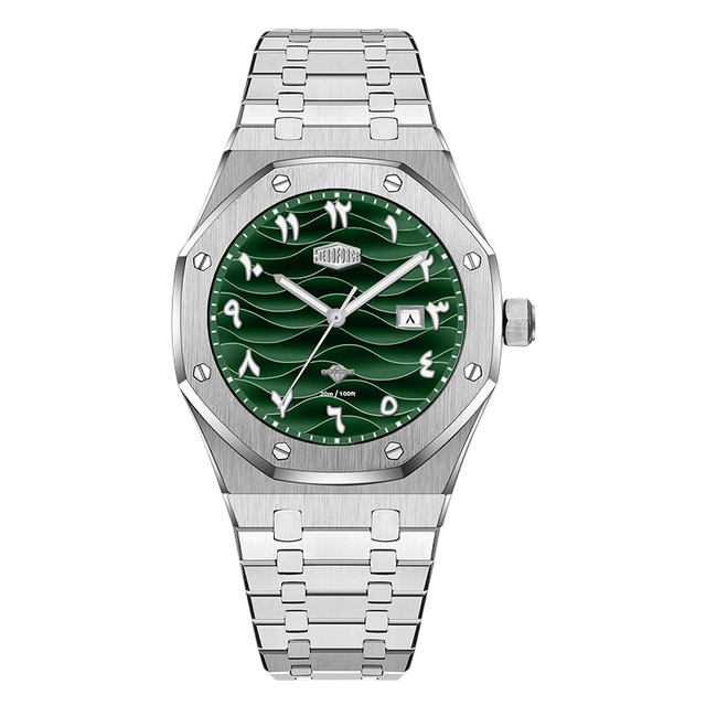 green dial Arabic numerals