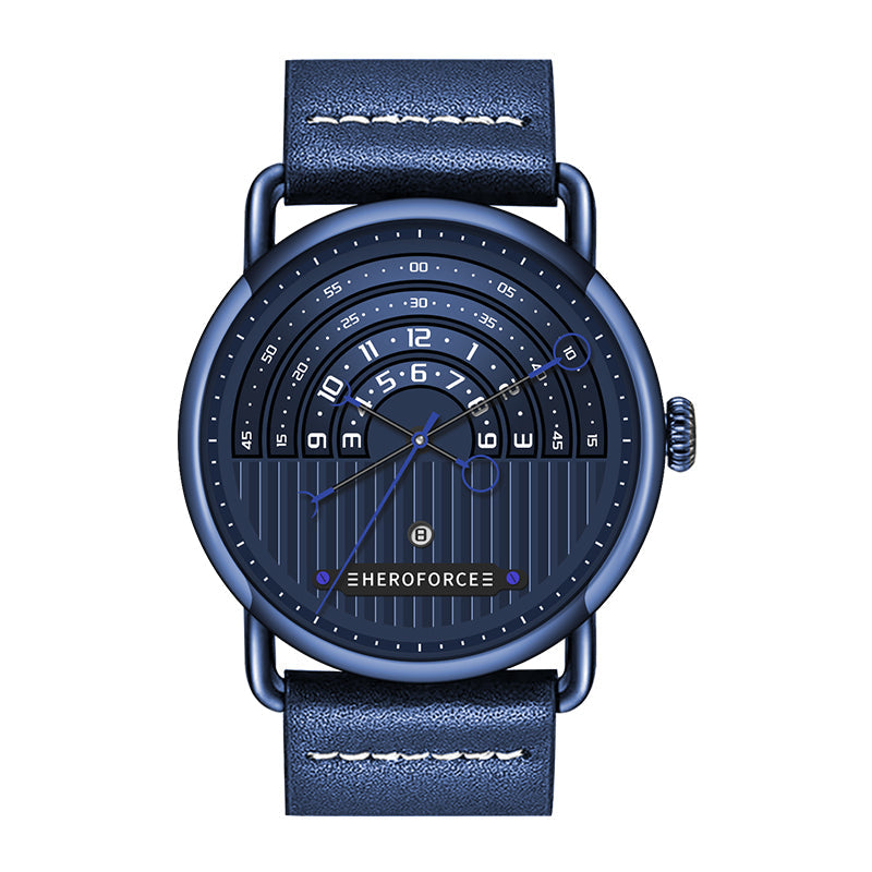 dark blue dial, blue case